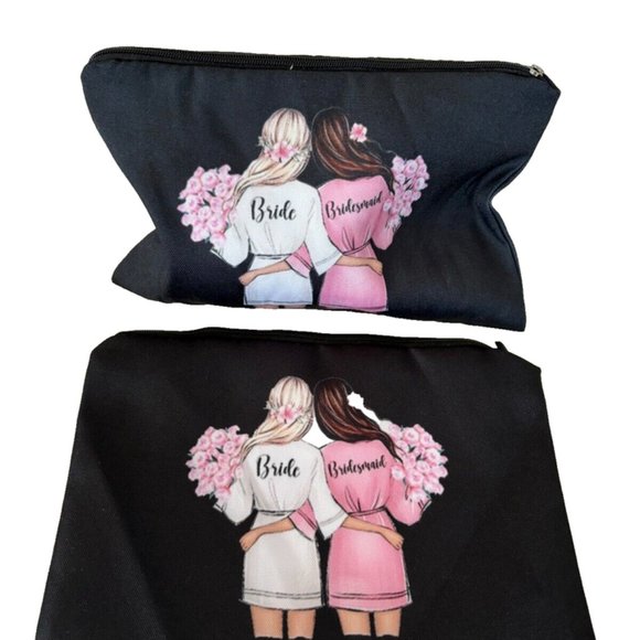 BUNDLE of 2 -Bride & Bridesmaid Black Zip Close Travel Bag Makeup Cosmetic Pouch - Picture 3 of 5